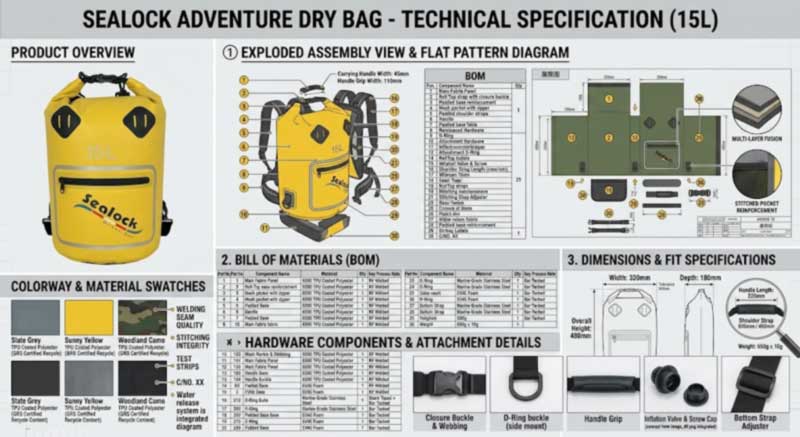 Tech Pack สำหรับกระเป๋ากันน้ำ — สิ่งที่ต้องระบุ