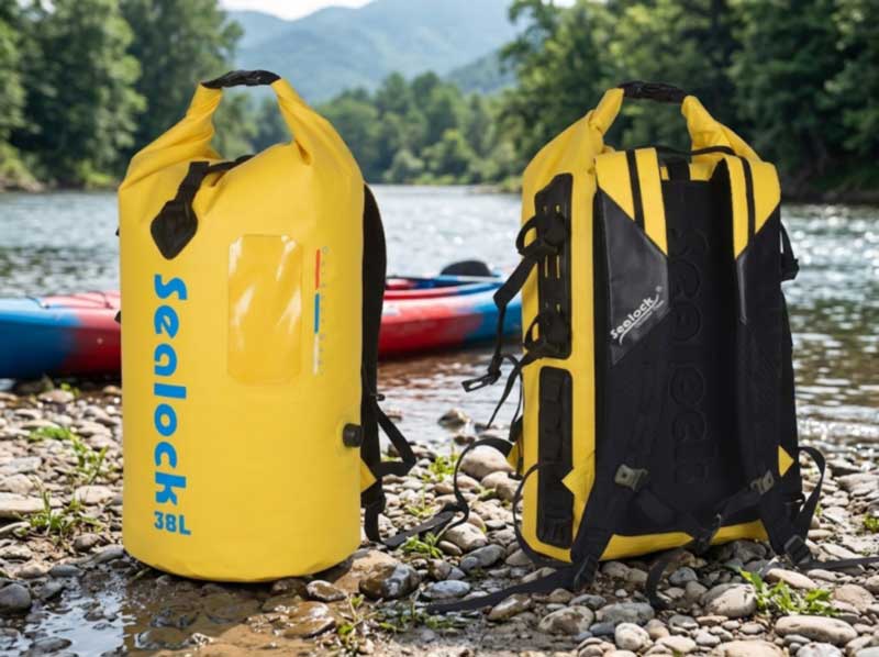 Kayak dry backpack with clear window, side air valve and EVA back panel