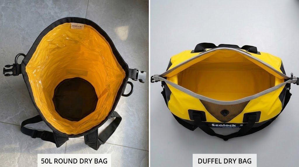 50 litre tube dry bag beside a 50 litre wide-mouth duffel dry bag, both open